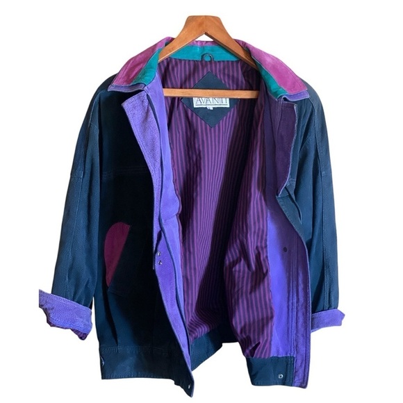 Vintage AVANTI Suede Bomber Jacket Green/Purple Front Zip Collar Men’s Large - Picture 1 of 10